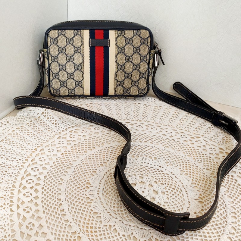 9成新正品gucci 老花Navy blue藍紅藍相機包/斜背包/豆腐包-15