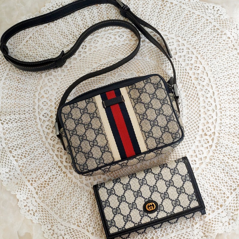 9成新正品gucci 老花Navy blue藍紅藍相機包/斜背包/豆腐包-0