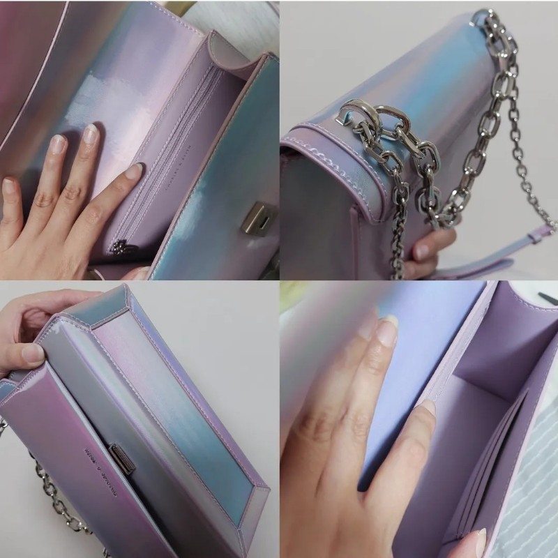 小ck Charles & Keith 炫彩變色包 粉藍紫 視覺 肩背包 側背包 斜揹包 方包 郵差包 亮面 防水 小資 專櫃 精品 正品 門市購入-5