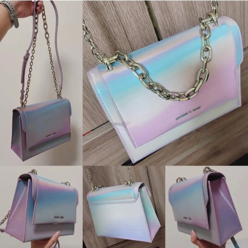 小ck Charles & Keith 炫彩變色包 粉藍紫 視覺 肩背包 側背包 斜揹包 方包 郵差包 亮面 防水 小資 專櫃 精品 正品 門市購入-6
