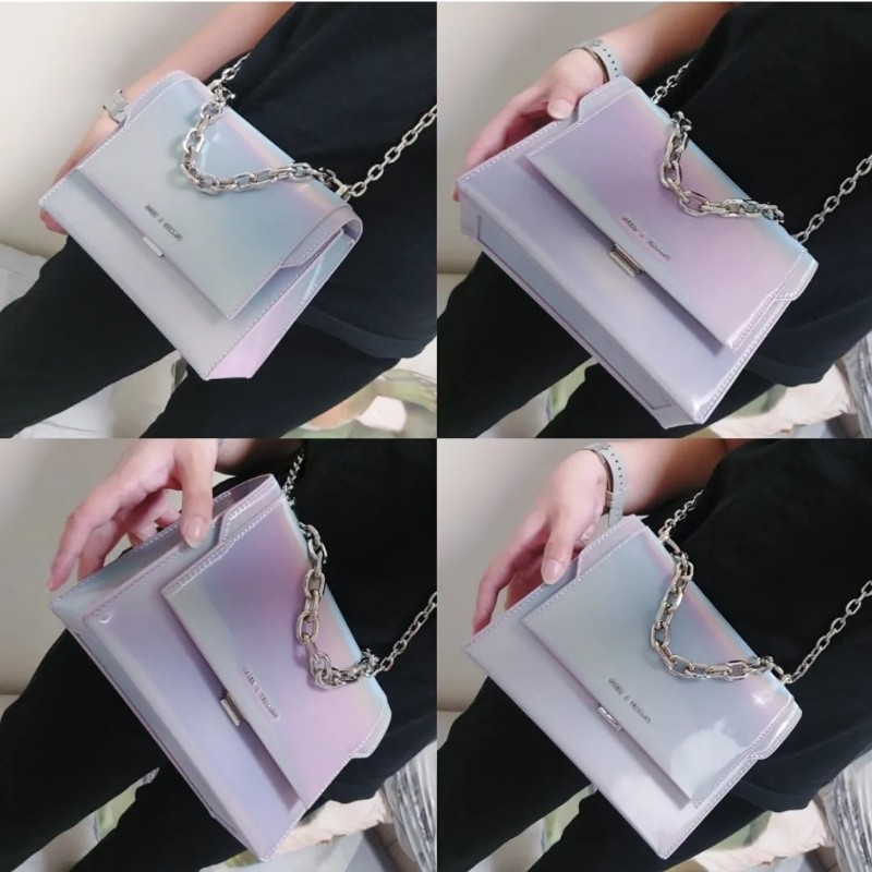 小ck Charles & Keith 炫彩變色包 粉藍紫 視覺 肩背包 側背包 斜揹包 方包 郵差包 亮面 防水 小資 專櫃 精品 正品 門市購入-7