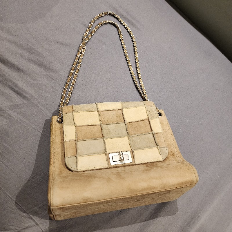 甜甜降一波/日本中古真品chanel vintage帶卡 大地色麂皮拼接風琴鏈條包-6