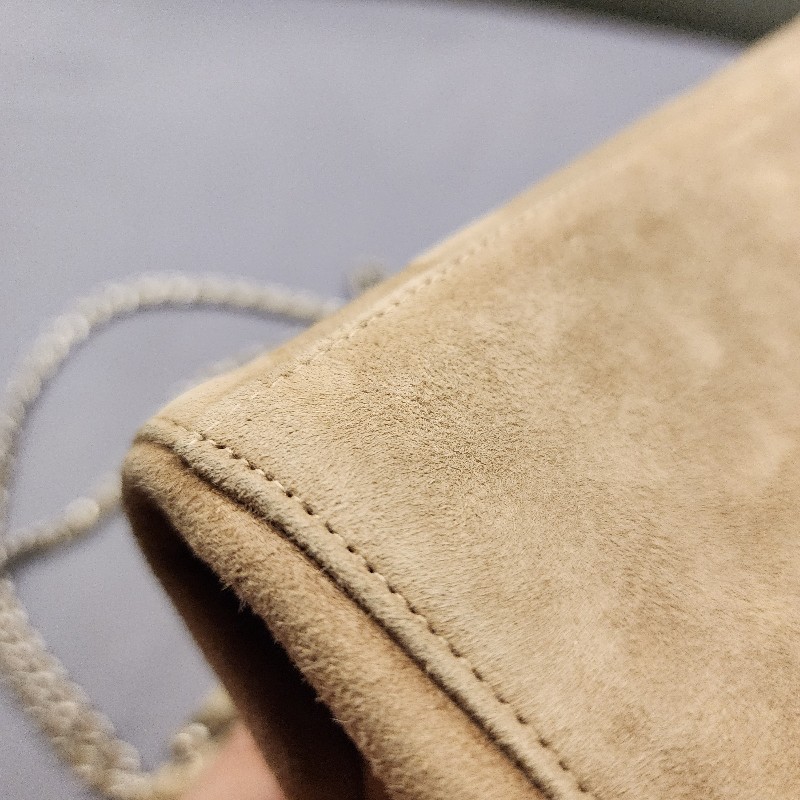 甜甜降一波/日本中古真品chanel vintage帶卡 大地色麂皮拼接風琴鏈條包-9