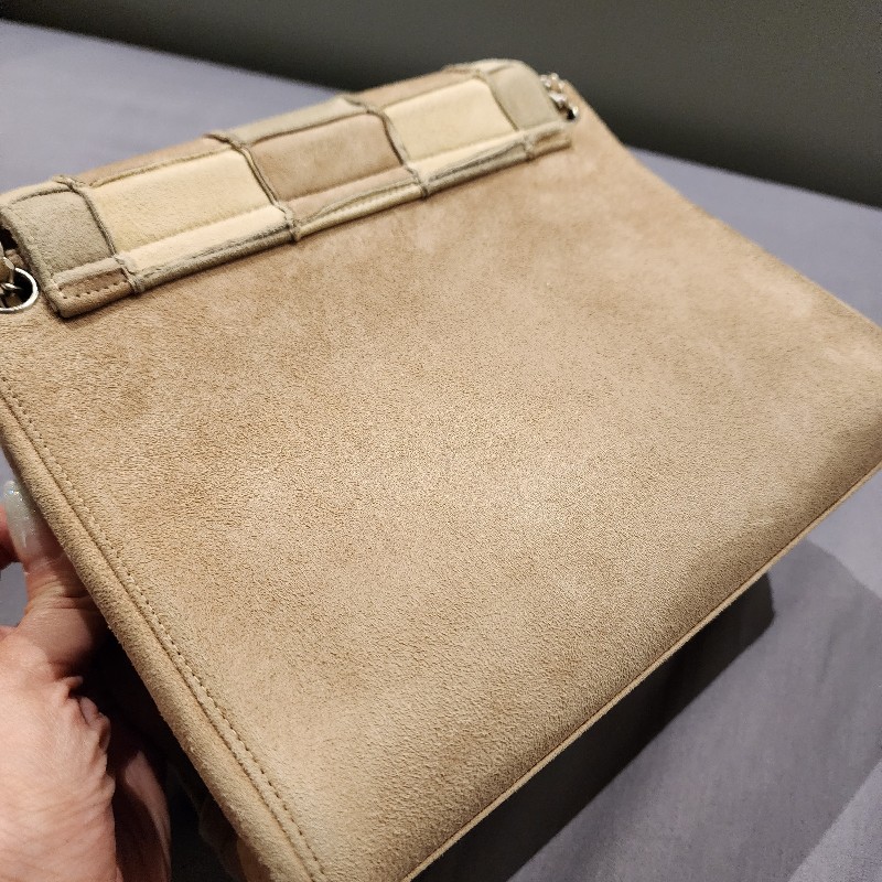 甜甜降一波/日本中古真品chanel vintage帶卡 大地色麂皮拼接風琴鏈條包-12