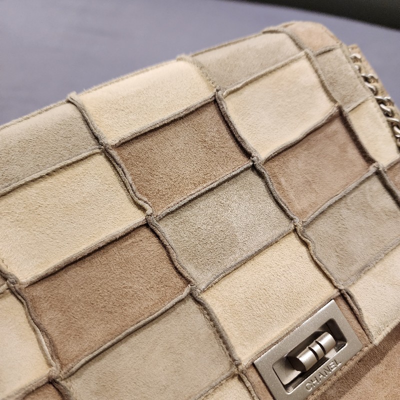 甜甜降一波/日本中古真品chanel vintage帶卡 大地色麂皮拼接風琴鏈條包-13