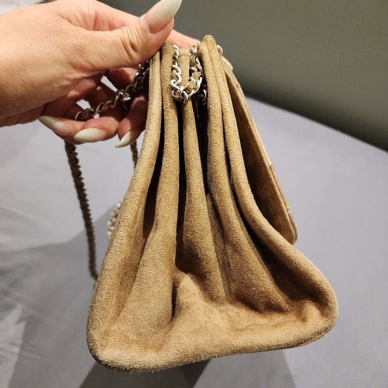 甜甜降一波/日本中古真品chanel vintage帶卡 大地色麂皮拼接風琴鏈條包-14