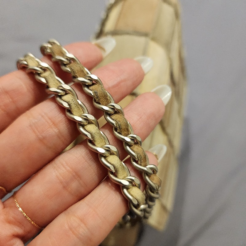 甜甜降一波/日本中古真品chanel vintage帶卡 大地色麂皮拼接風琴鏈條包-18