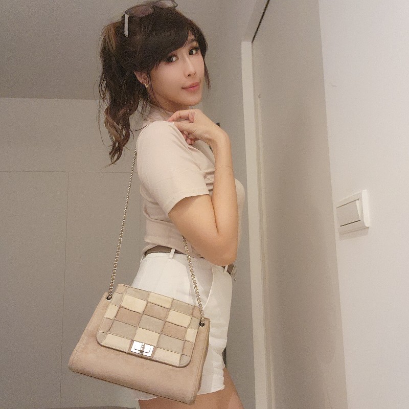 甜甜降一波/日本中古真品chanel vintage帶卡 大地色麂皮拼接風琴鏈條包-1