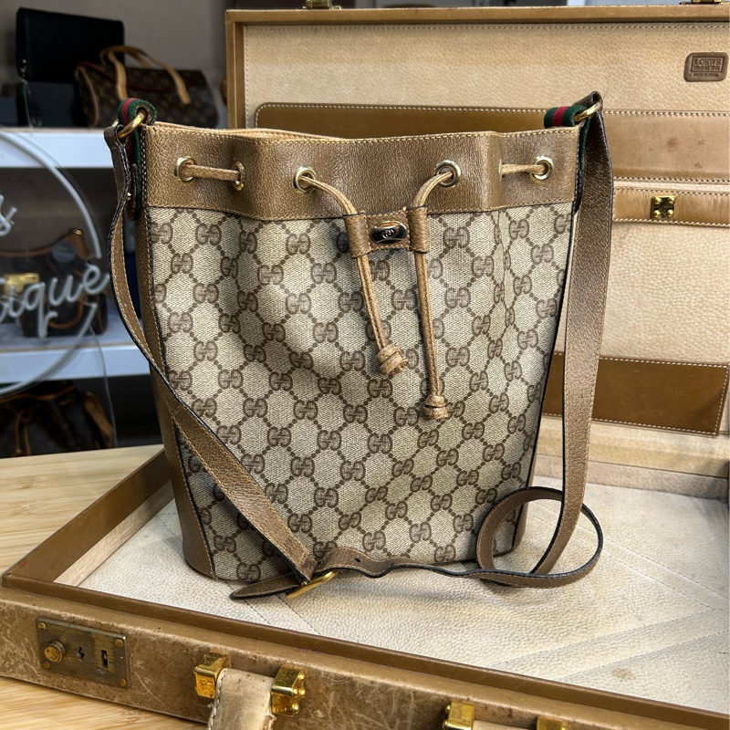 GUCCI vintage GG老花古董束口水桶包/ 斜背包💗復古百搭-0