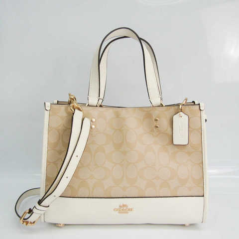 Coach Signature Dempsey Carryall 1955 女士皮革，塗層帆布手提包，單肩包米色，灰白色