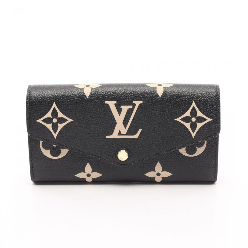 【日本直送】中古LOUIS VUITTON[AB]portefeuille Sarah 老花empreinte壓花浮雕 對折長款真皮錢包 黑色 米色-0