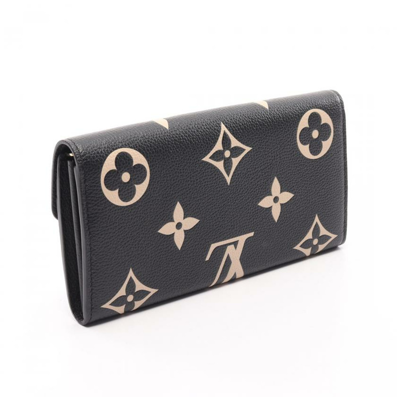 【日本直送】中古LOUIS VUITTON[AB]portefeuille Sarah 老花empreinte壓花浮雕 對折長款真皮錢包 黑色 米色-1