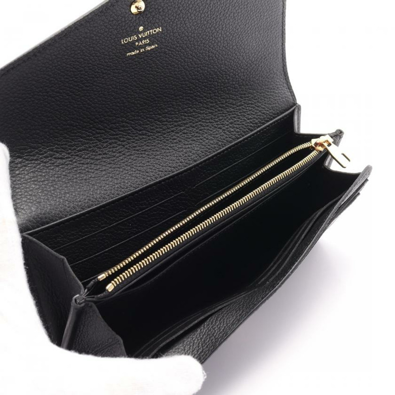 【日本直送】中古LOUIS VUITTON[AB]portefeuille Sarah 老花empreinte壓花浮雕 對折長款真皮錢包 黑色 米色-2