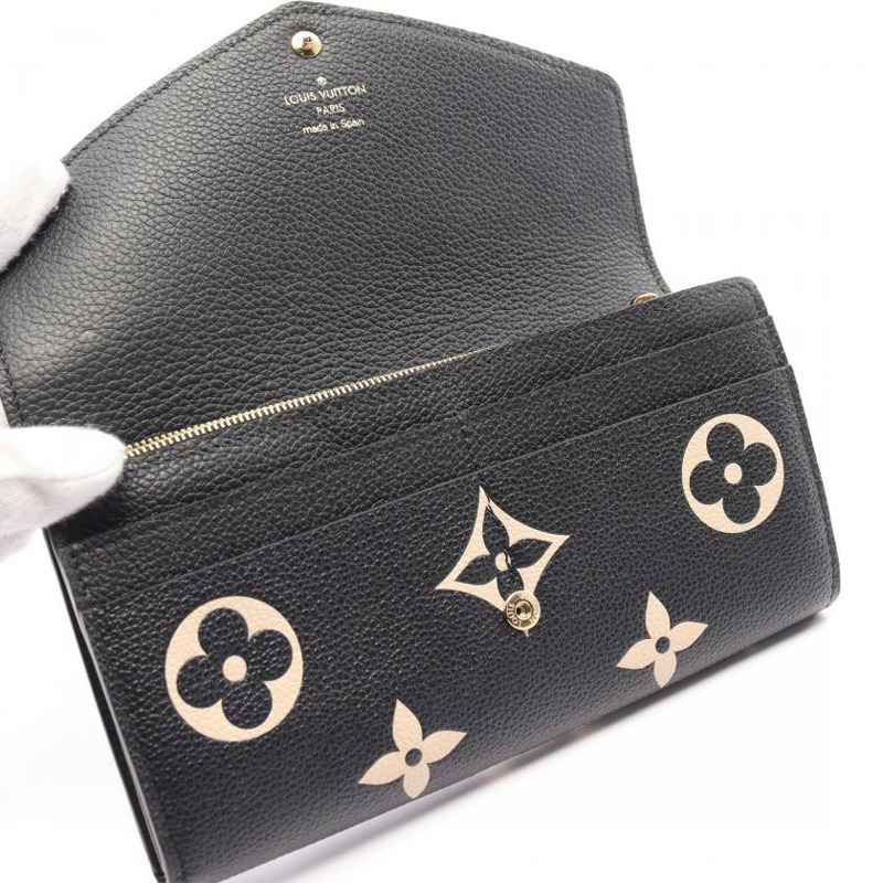 【日本直送】中古LOUIS VUITTON[AB]portefeuille Sarah 老花empreinte壓花浮雕 對折長款真皮錢包 黑色 米色-5