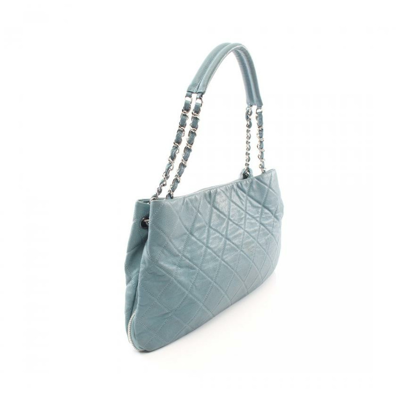 【日本直送】中古CHANEL[B]菱格紋 鏈條肩包 荔枝紋皮 藍灰色 銀色五金-1