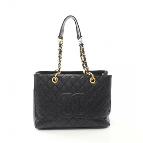 【日本直送】中古CHANEL[B]菱格紋 GST 鏈條肩包 托特包 荔枝紋皮 黑色 金色五金