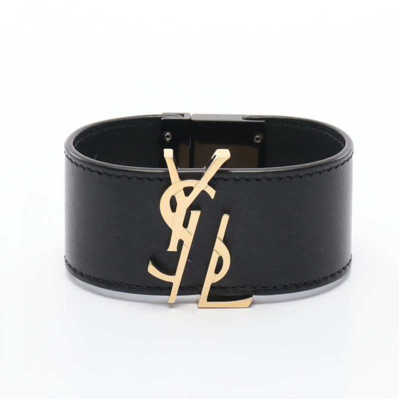 【日本直送】中古SAINT LAURENT PARIS[B]YSLLogo 手鍊手環 真皮 鍍金 黑色 金色-0