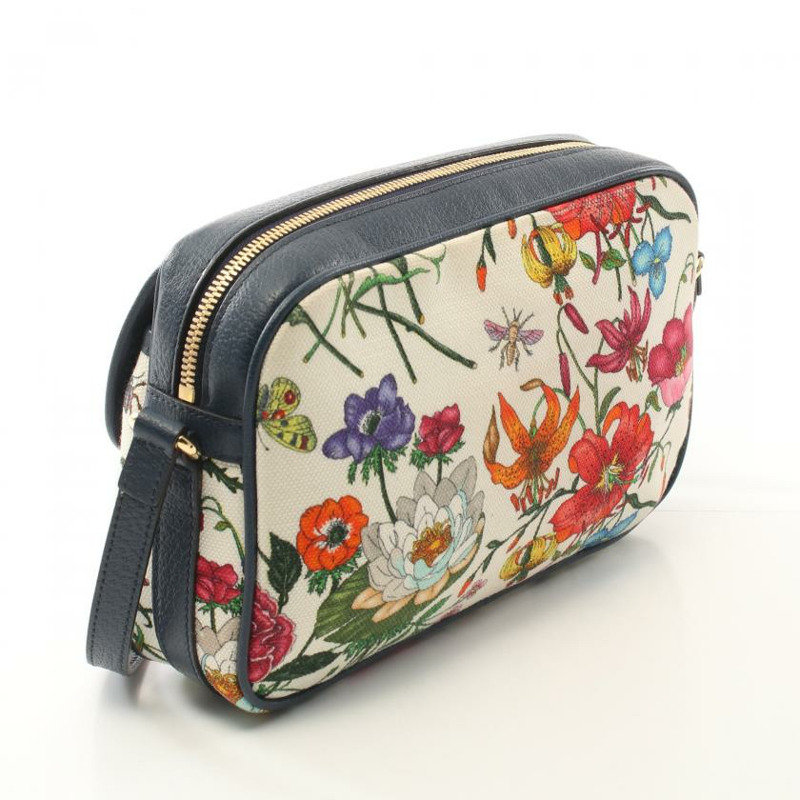 【日本直送】中古GUCCI[A]鮮花紋 帆布真皮肩包 米白色 海軍藍 多彩色-1