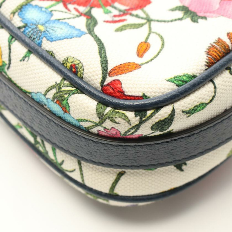 【日本直送】中古GUCCI[A]鮮花紋 帆布真皮肩包 米白色 海軍藍 多彩色-4