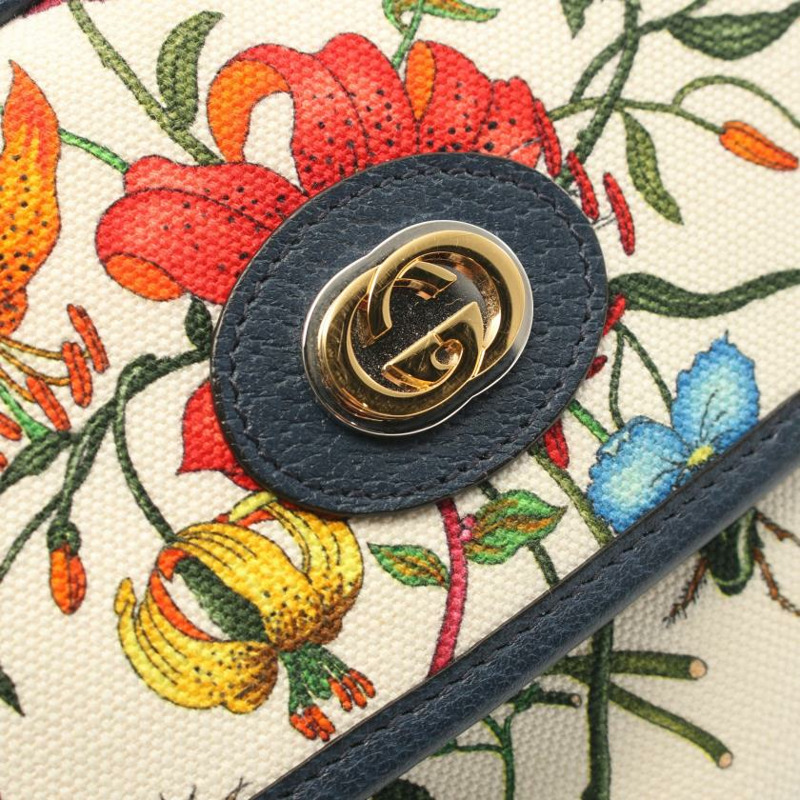 【日本直送】中古GUCCI[A]鮮花紋 帆布真皮肩包 米白色 海軍藍 多彩色-5
