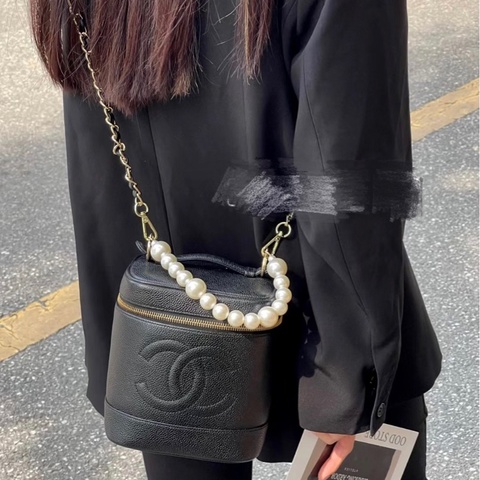 Chanel vintage 浮雕化妝箱 魚子醬 荔枝皮 黑金 老香 古董包