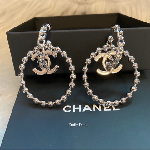 Chanel 垂墜雙C銀珠大圓圈 耳環