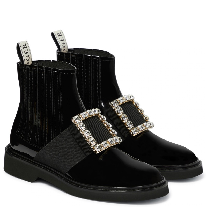 限時特價4萬2 正品全新Roger Vivier Viv Rangers經典鑽釦漆皮踝靴-0