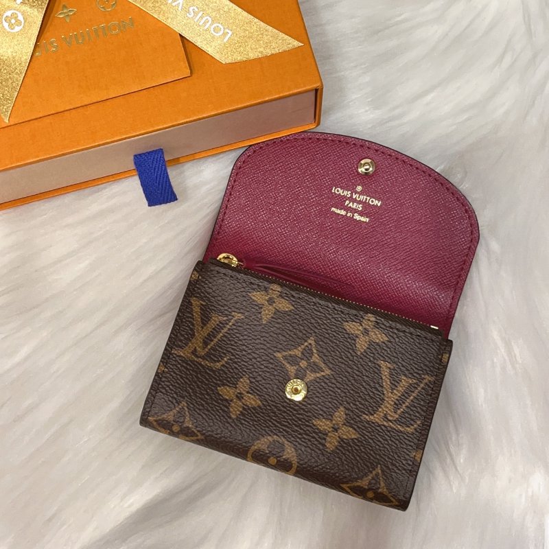 Louis Vuitton LV 晶片款 字紋拼紅皮 Rosalie零錢卡包/短夾/皮夾M41939-2