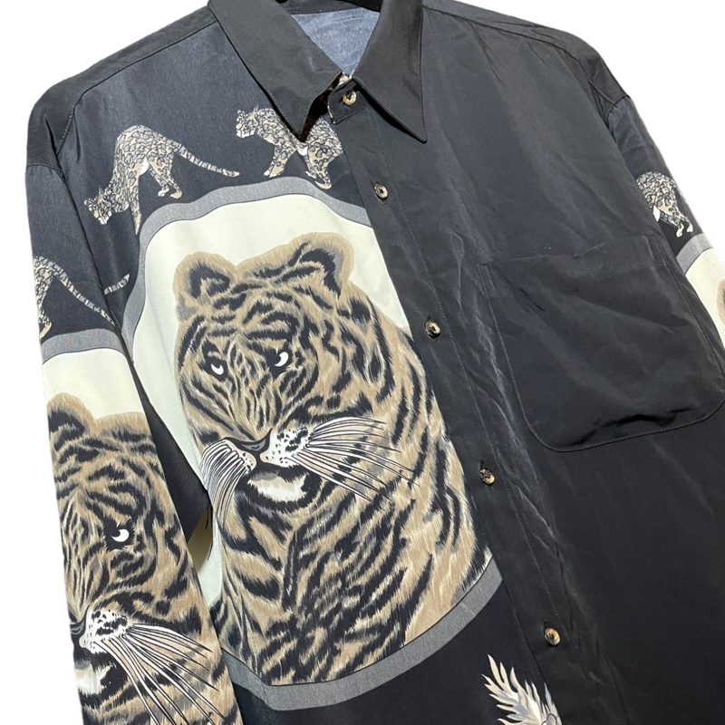 顛復古⚡️奢華老虎圖騰叢林動物雕花絲質長袖襯衫❤️古著男女皆可F0317005-1