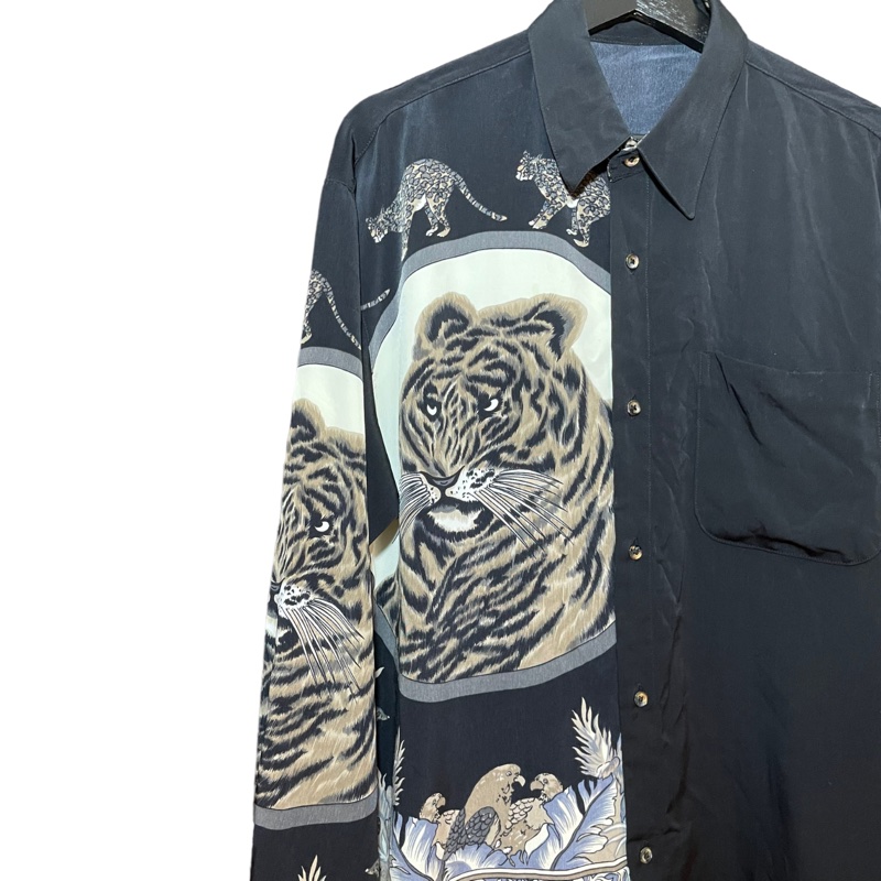 顛復古⚡️奢華老虎圖騰叢林動物雕花絲質長袖襯衫❤️古著男女皆可F0317005-2