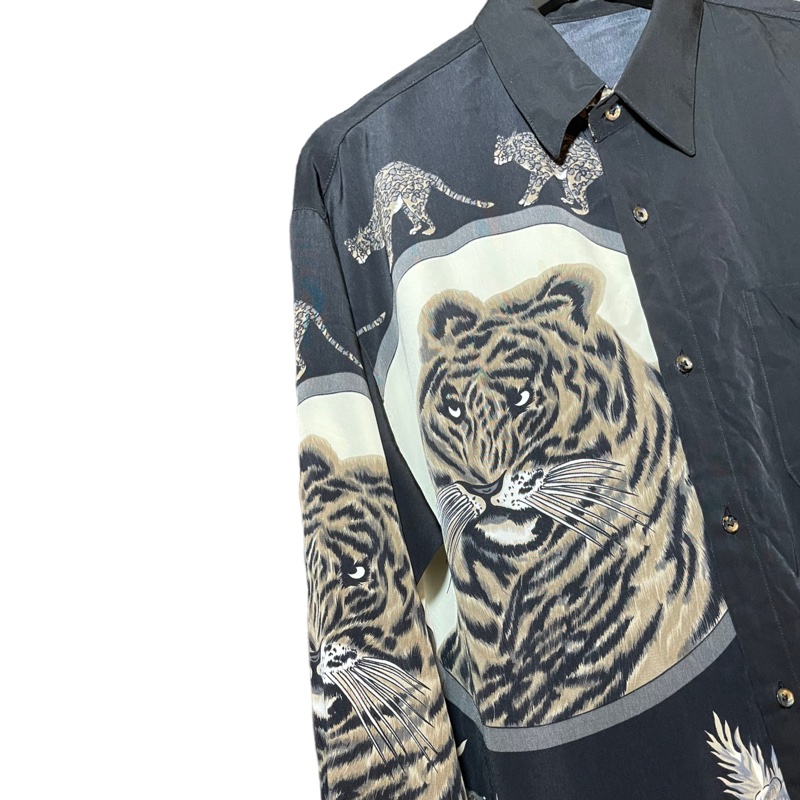 顛復古⚡️奢華老虎圖騰叢林動物雕花絲質長袖襯衫❤️古著男女皆可F0317005-3