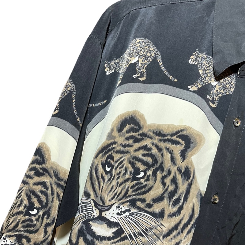 顛復古⚡️奢華老虎圖騰叢林動物雕花絲質長袖襯衫❤️古著男女皆可F0317005-4