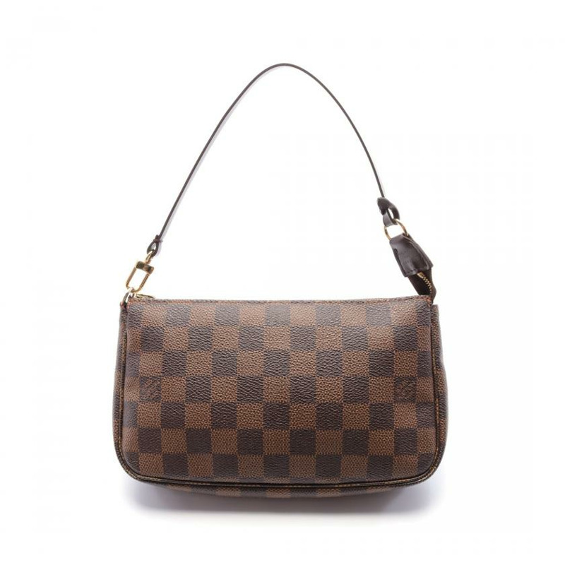 【日本直送】中古LOUIS VUITTON[AB]Pochette Accessoires  烏黑色棋盤格 手提包 PVC 真皮 棕色-0
