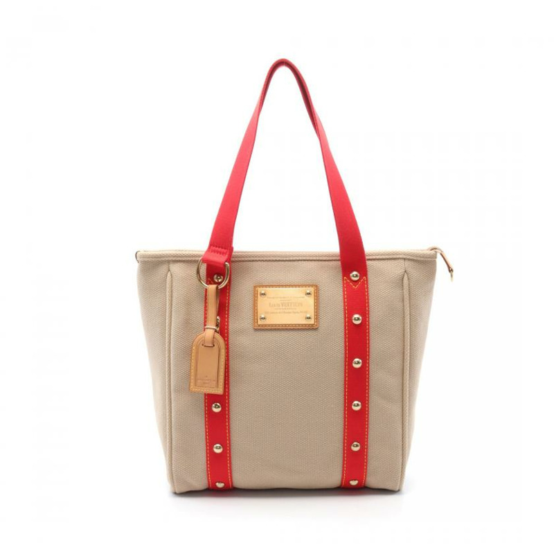 【日本直送】中古LOUIS VUITTON[B]Cabas MM  Antigua 肩包 帆布托特包 真皮 米色 紅色-0
