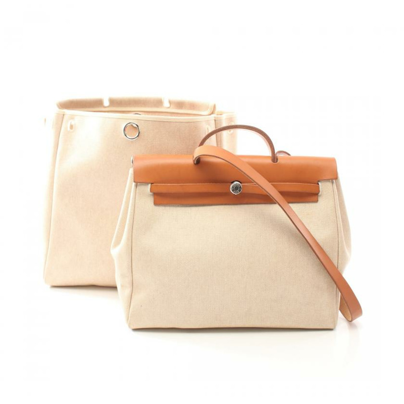 【日本直送】中古HERMES[B]HerbagM 手提包 Toile－H愛馬仕帆布 真皮 象牙白 淺棕色 銀色五金 兩用款 □B刻印-0