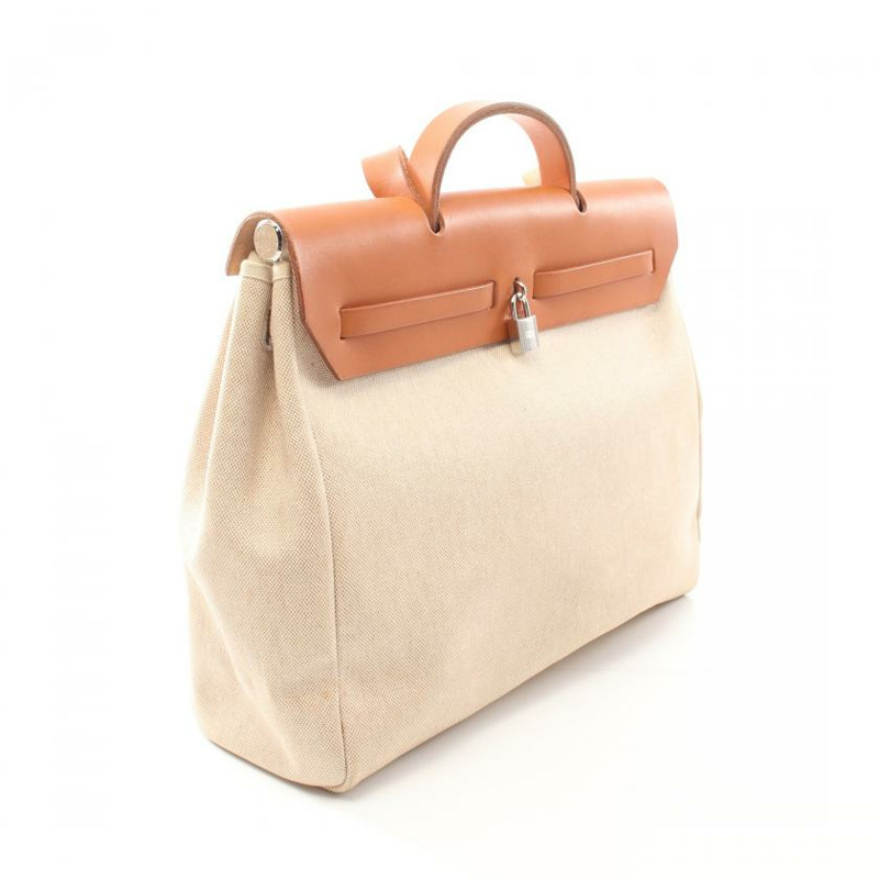 【日本直送】中古HERMES[B]HerbagM 手提包 Toile－H愛馬仕帆布 真皮 象牙白 淺棕色 銀色五金 兩用款 □B刻印-1