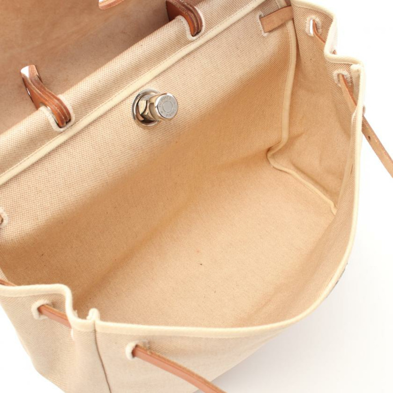 【日本直送】中古HERMES[B]HerbagM 手提包 Toile－H愛馬仕帆布 真皮 象牙白 淺棕色 銀色五金 兩用款 □B刻印-2