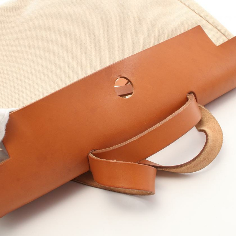 【日本直送】中古HERMES[B]HerbagM 手提包 Toile－H愛馬仕帆布 真皮 象牙白 淺棕色 銀色五金 兩用款 □B刻印-5
