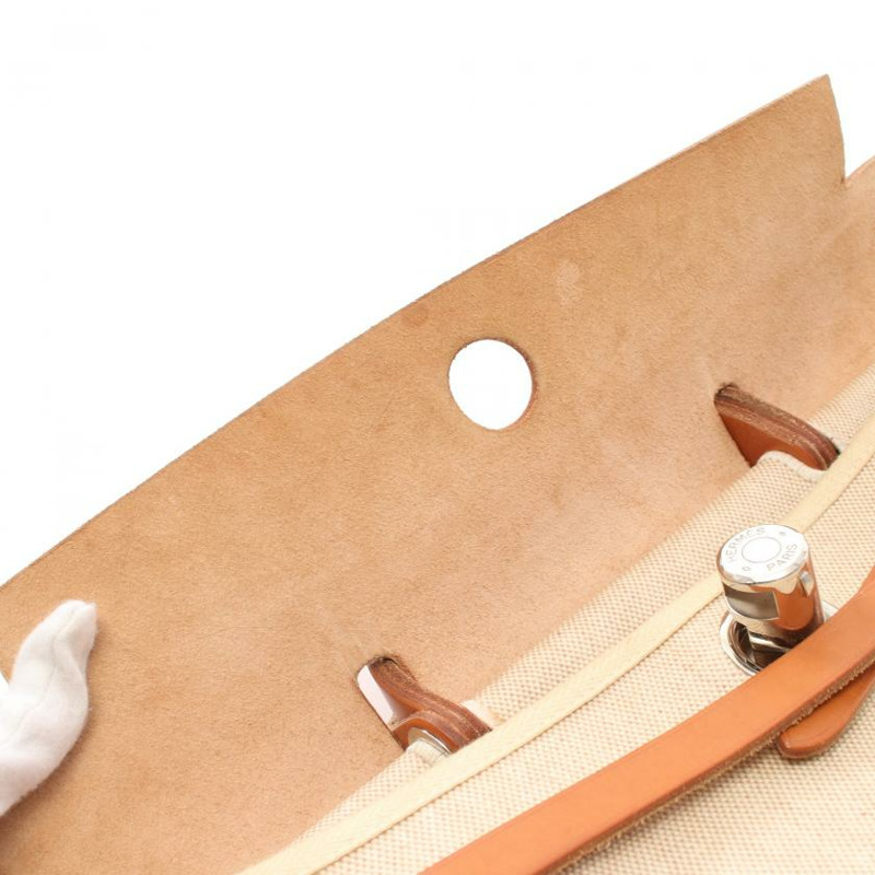 【日本直送】中古HERMES[B]HerbagM 手提包 Toile－H愛馬仕帆布 真皮 象牙白 淺棕色 銀色五金 兩用款 □B刻印-6