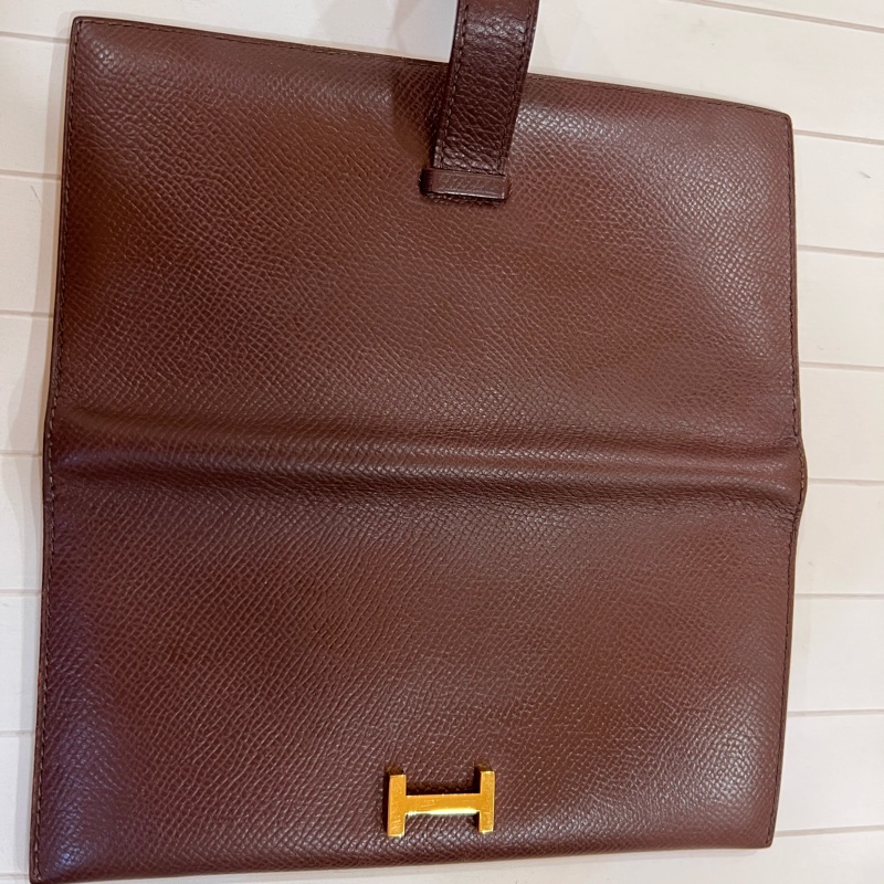 85成新,愛馬仕Hermes bearn雙折長夾口A刻印咖啡金扣-2