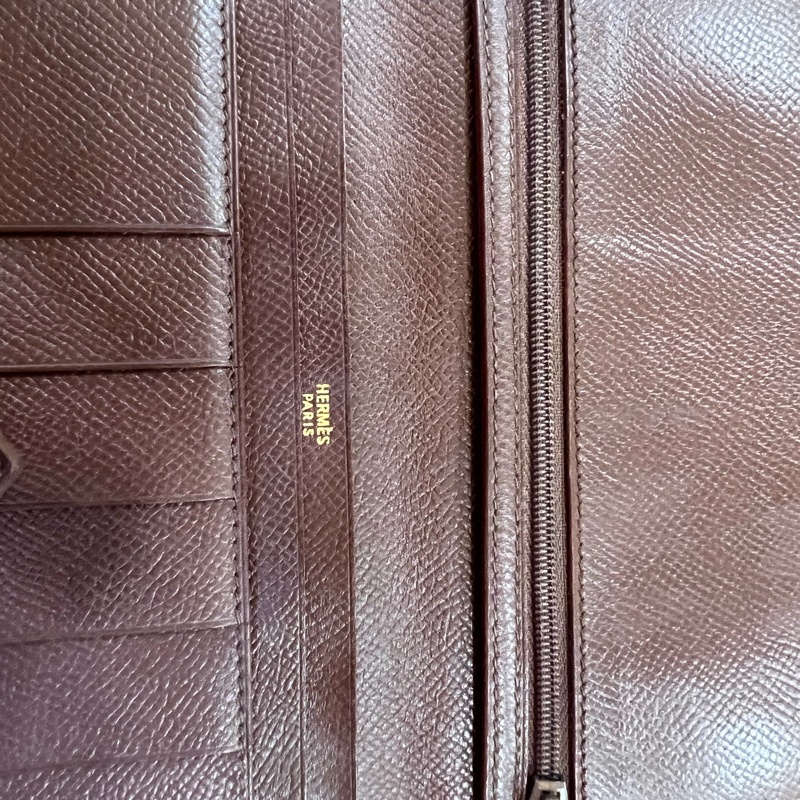 85成新,愛馬仕Hermes bearn雙折長夾口A刻印咖啡金扣-3