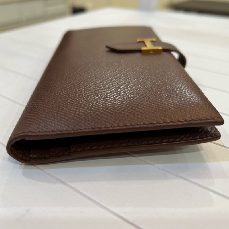 85成新,愛馬仕Hermes bearn雙折長夾口A刻印咖啡金扣-6