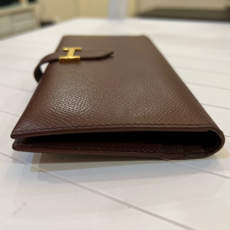 85成新,愛馬仕Hermes bearn雙折長夾口A刻印咖啡金扣-7