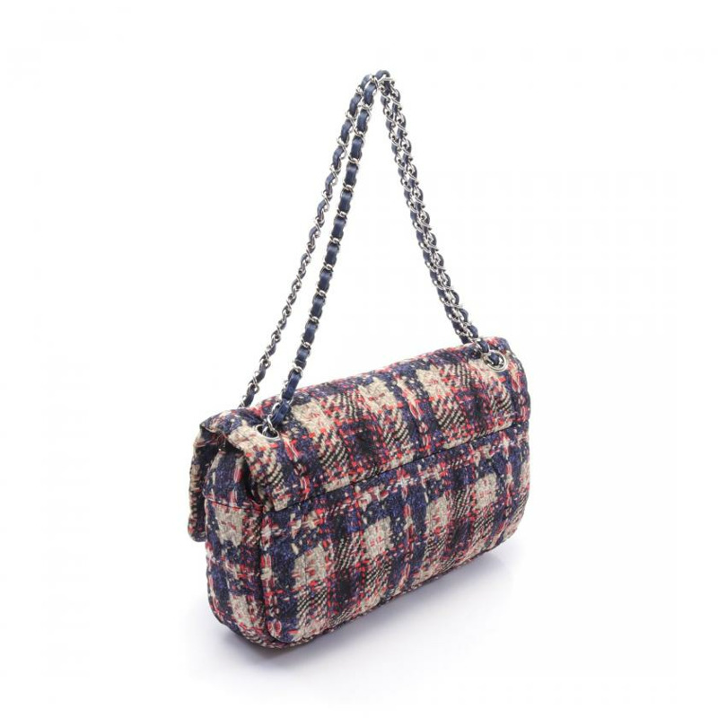 【日本直送】中古CHANEL[AB]雙C標誌 鏈條肩包 粗花呢印花 尼龍 真皮 海軍藍 淺灰色 多彩色 銀色五金-1