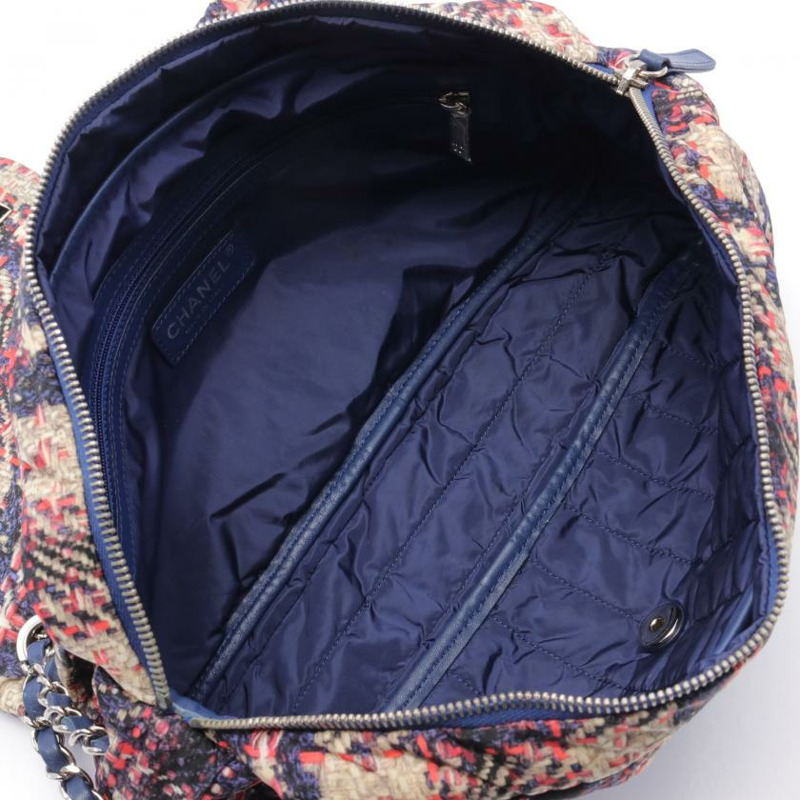 【日本直送】中古CHANEL[AB]雙C標誌 鏈條肩包 粗花呢印花 尼龍 真皮 海軍藍 淺灰色 多彩色 銀色五金-2