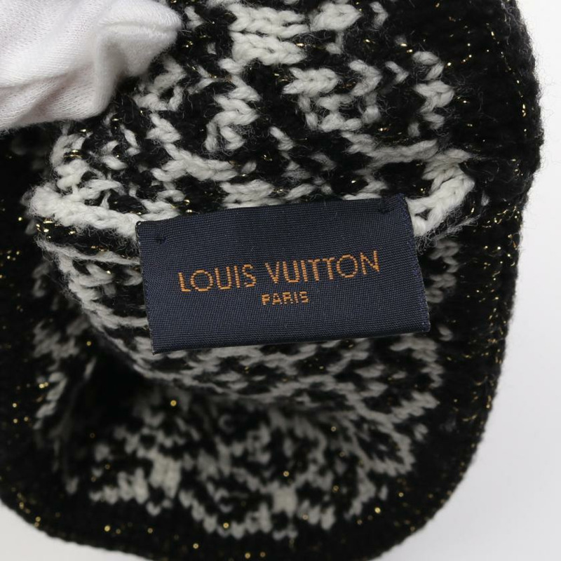 【日本直送】中古LOUIS VUITTON[AB]Miss LV 帽子 羊毛 黑色 白色 金色 針織-3
