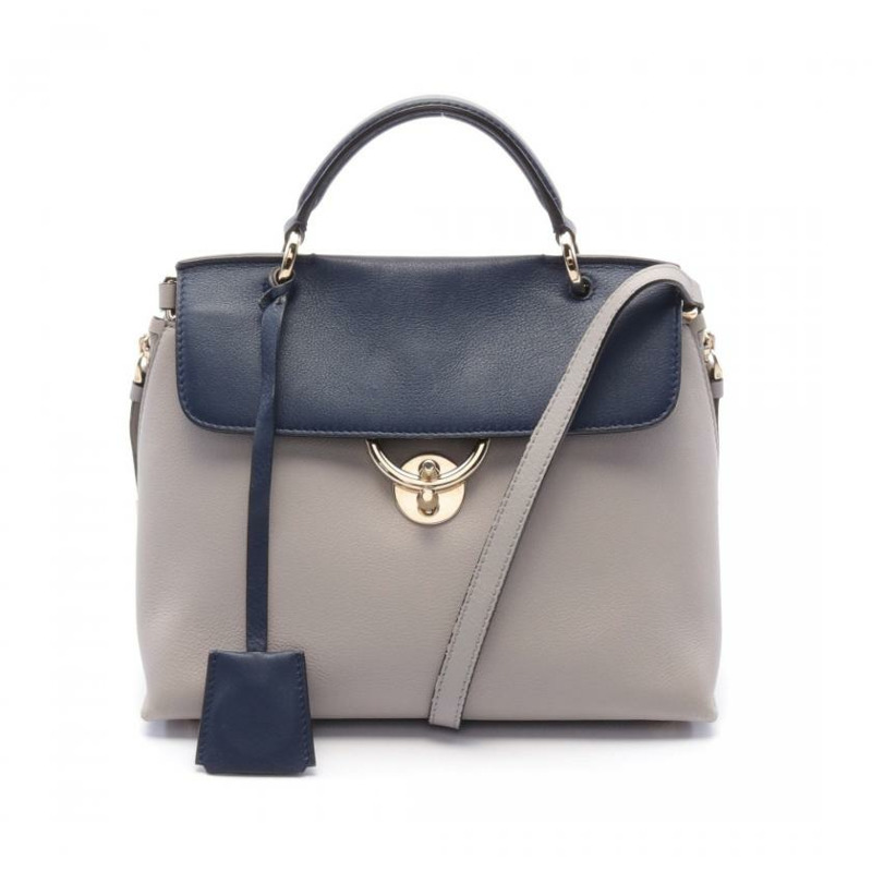 【日本直送】中古Salvatore Ferragamo[B]JET SET 真皮手提包 淺灰色 海軍藍 兩用款-0