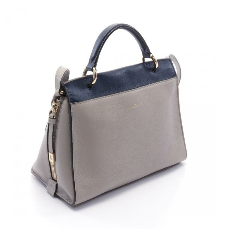 【日本直送】中古Salvatore Ferragamo[B]JET SET 真皮手提包 淺灰色 海軍藍 兩用款-1