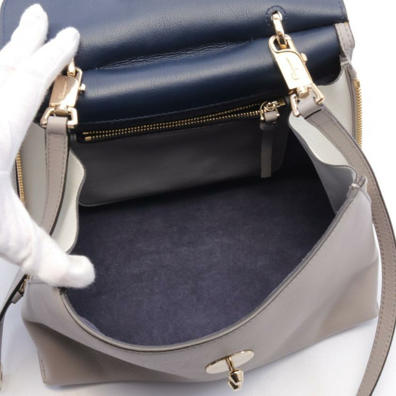 【日本直送】中古Salvatore Ferragamo[B]JET SET 真皮手提包 淺灰色 海軍藍 兩用款-2