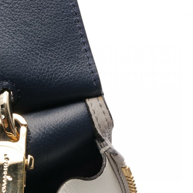 【日本直送】中古Salvatore Ferragamo[B]JET SET 真皮手提包 淺灰色 海軍藍 兩用款-5